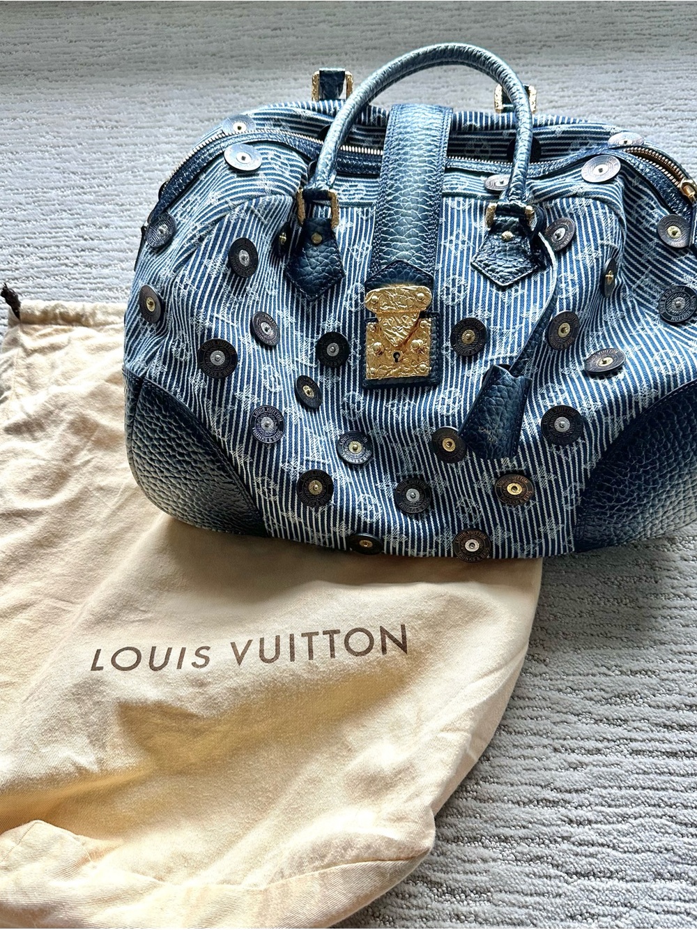 Louis Vuitton Blue Denim Polka dot bowling bag